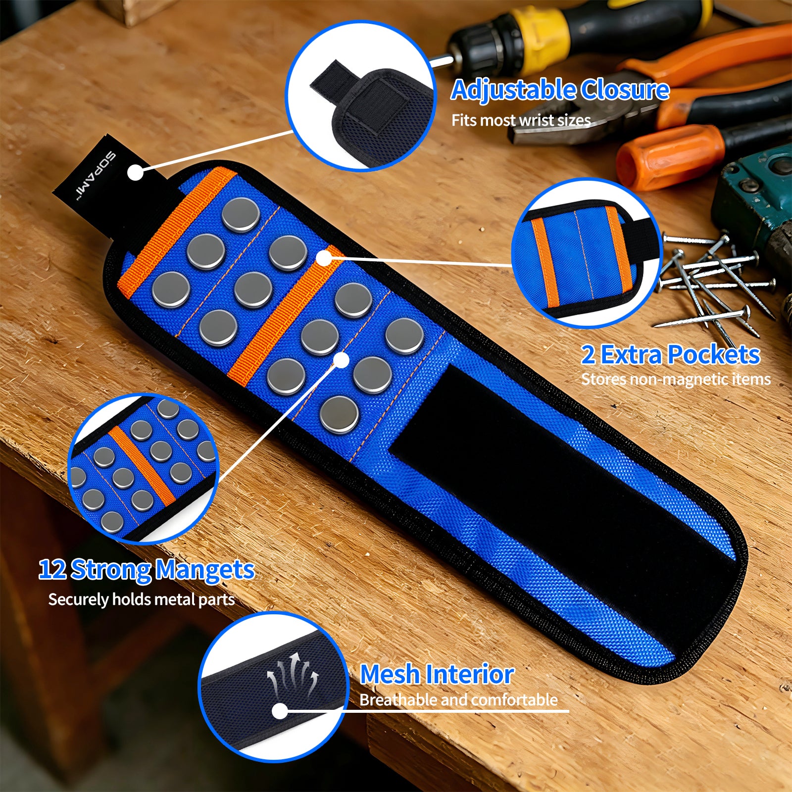 Magnetic Tool Wristband with 12 Magnets