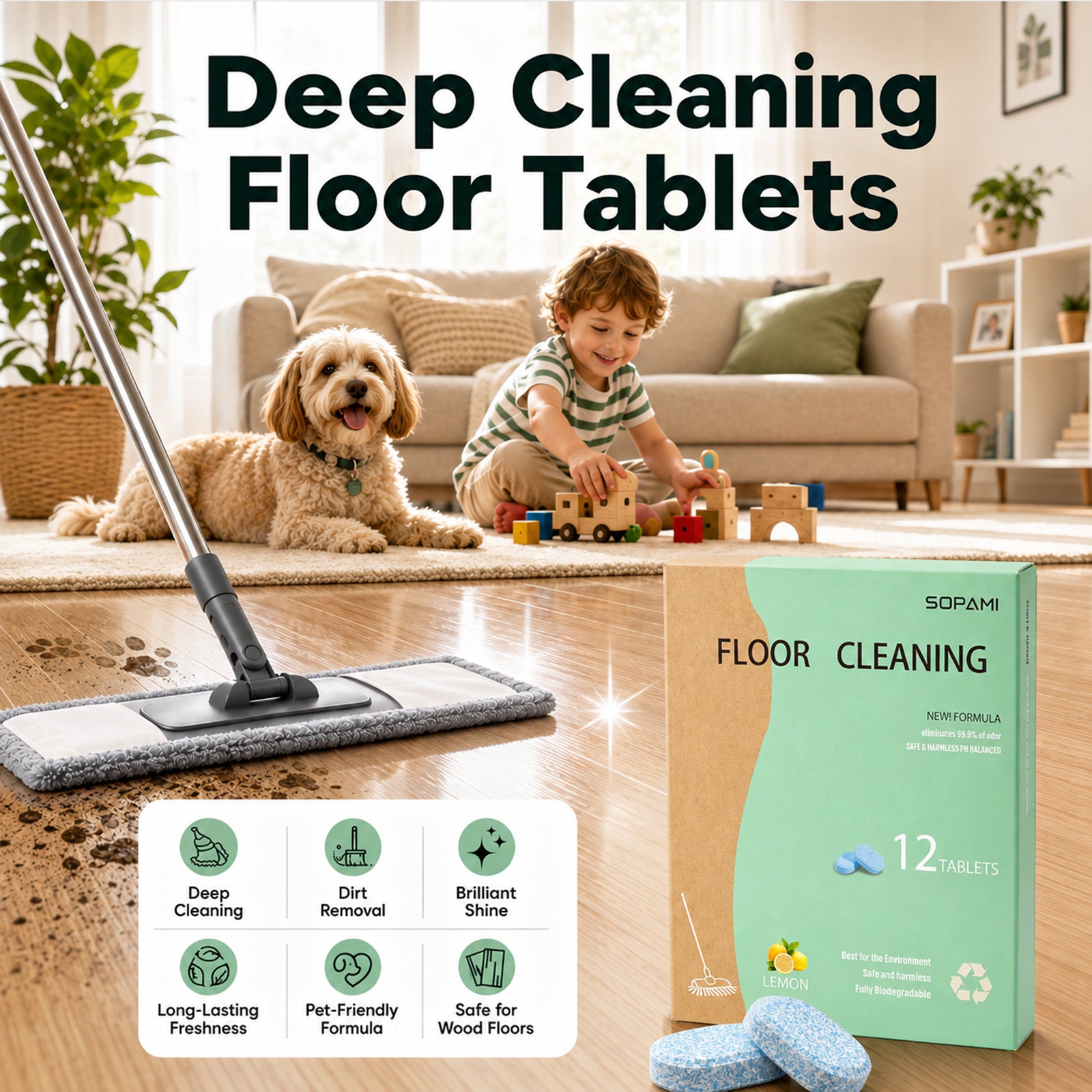 SOPAMI multi effect floor cleaning tablets 12 Counts Lemon Scent