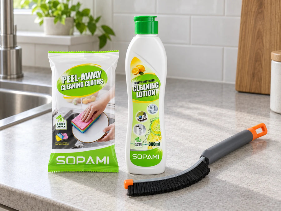 Cleaning lotion kit on a kitchen counter