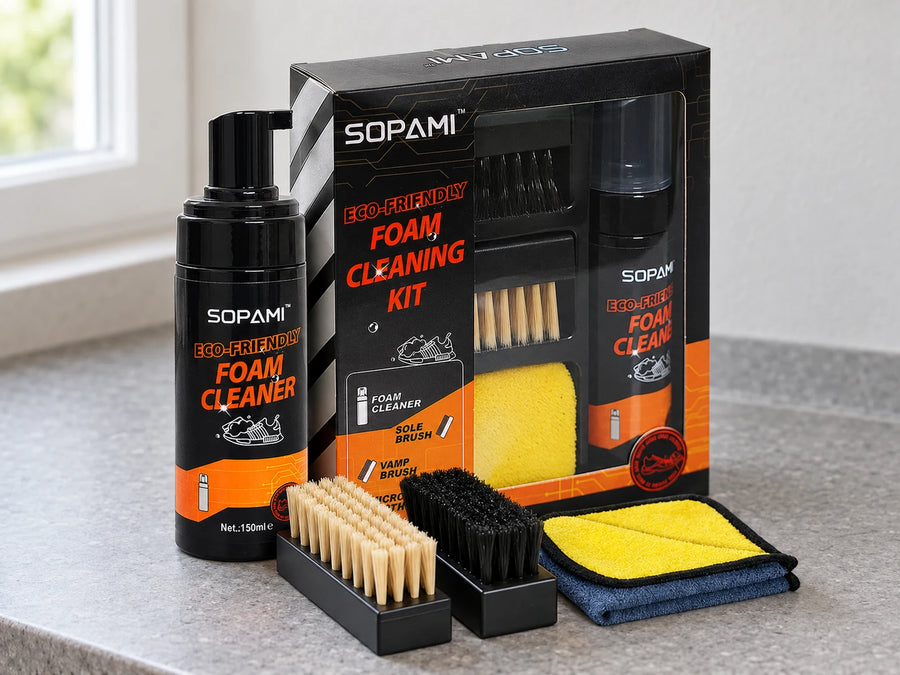 Foam shoe cleaning kit on a countertop