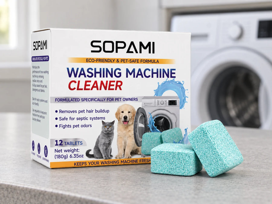 Washing machine cleaner tablets beside a washer