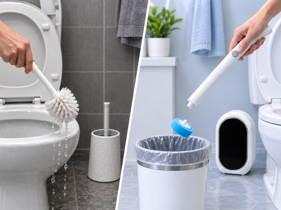 A traditional toilet brush beside the SOPAMI disposable toilet wand releasing a used head into a bin