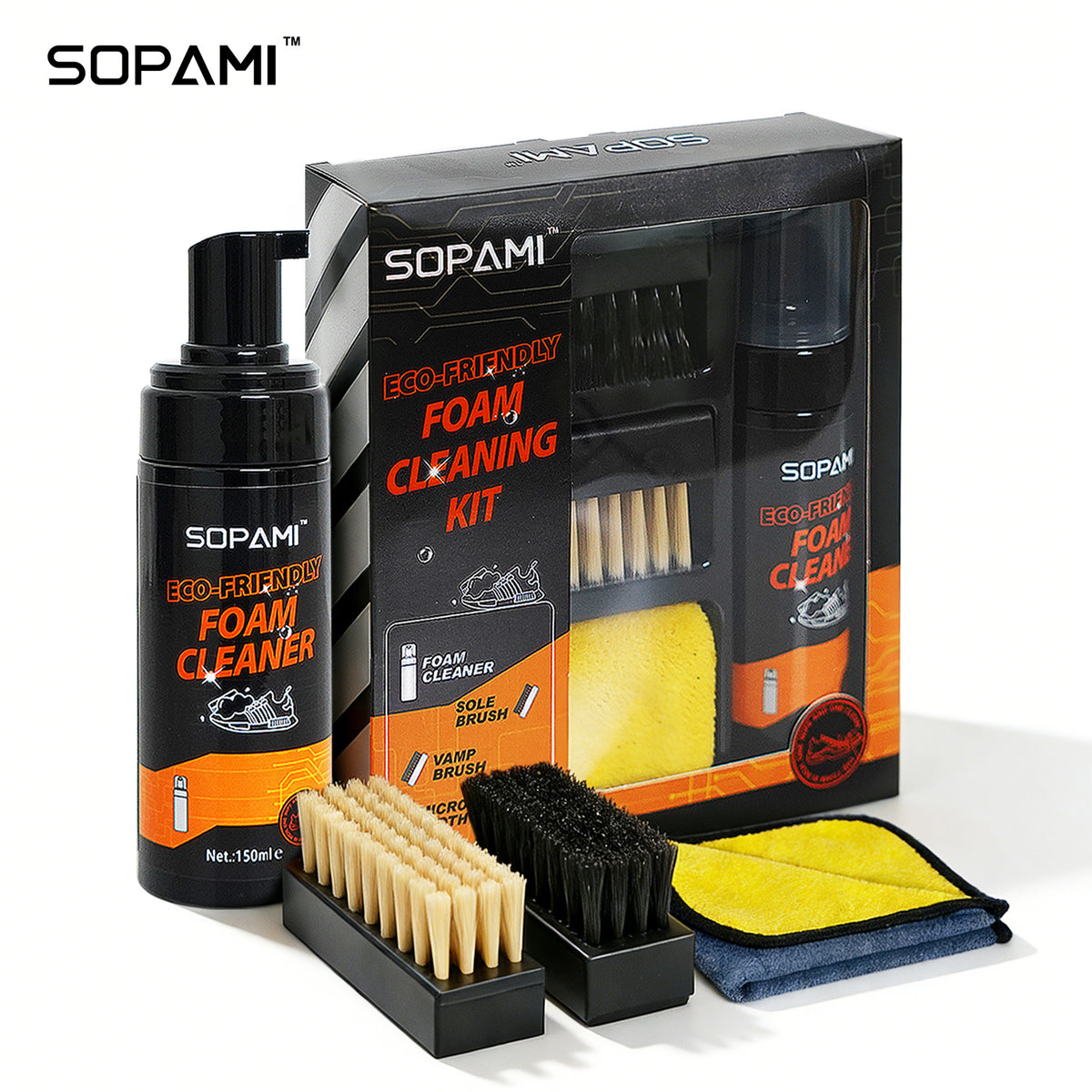 SOPAMI foam shoe cleaning kit with bottle, brushes, cloths and packaging