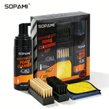 SOPAMI foam shoe cleaning kit with bottle, brushes, cloths and packaging